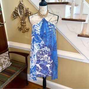Analili blue chiffon overlay halter vacation dress